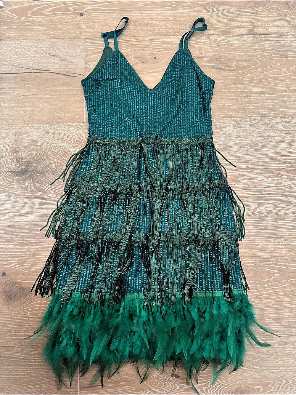 SHEIN Feather Trim Mini Dress in Green Size XS Like New